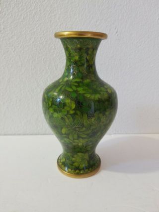Vintage Brass & Enamel Cloisonne Vase Green Peoples Republic Of China 7 " Tall