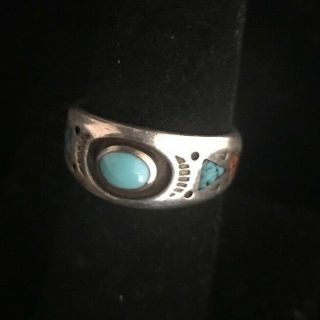 Vintage Sterling Silver Turquoise & Coral Inlay Ring Signed