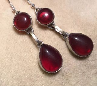 Vintage Sterling Silver And Red Glass Cabochon Drop Pendant Earrings