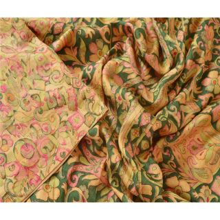 Sanskriti Vintage Cream Saree 100 Pure Silk Printed 5 Yard Sari Craft Fabric