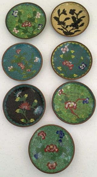 7 Old Vintage Chinese 3 " Cloisonne Enamel Brass Floral Plate Set - China