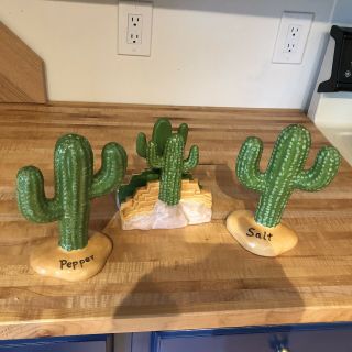 Vintage Handmade Ceramic Cactus Table Set Salt Pepper Shaker Napkin Holder