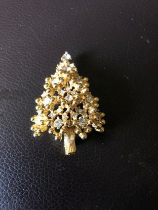 Eisenberg Signed Vintage Clear Rhinestone Gold Tone Christmas Tree Pin Brooch