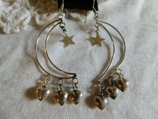 Vintage Sterling Silver 925 Dangling Stars,  Hearts And Moon Earrings Pierced