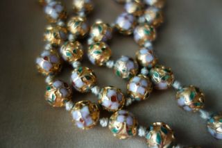 Vintage Golg Multi Color Enamel Floral Cloisonné Bead Hand Knotted Necklace 2
