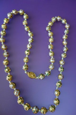 Vintage Golg Multi Color Enamel Floral Cloisonné Bead Hand Knotted Necklace 4