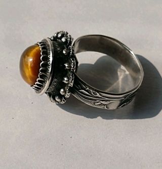 Vintage Sterling Tigers Eye Poison Ring Signed Taxco Mexico Adjustable Size