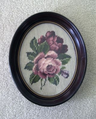 Vintage Needlepoint Picture Of Roses In Oval Wooden Frame -