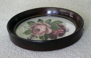 Vintage Needlepoint Picture of Roses in Oval Wooden Frame - 4