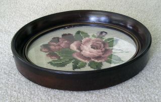 Vintage Needlepoint Picture of Roses in Oval Wooden Frame - 5