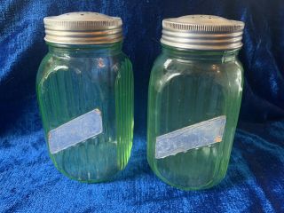 Vntg Vaseline/uranium Green Glass Depression Salt & Pepper Shakers 5 "