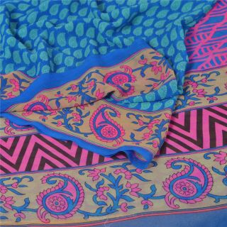 Sanskriti Vintage Blue Saree Printed Blend Georgette Sari Craft Decor Fabric