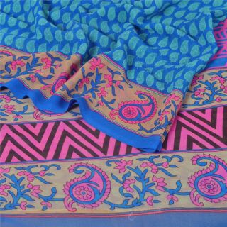 Sanskriti Vintage Blue Saree Printed Blend Georgette Sari Craft Decor Fabric 2