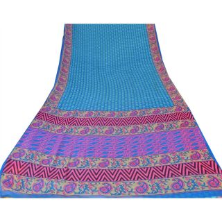 Sanskriti Vintage Blue Saree Printed Blend Georgette Sari Craft Decor Fabric 3