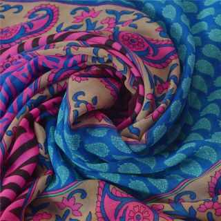 Sanskriti Vintage Blue Saree Printed Blend Georgette Sari Craft Decor Fabric 4