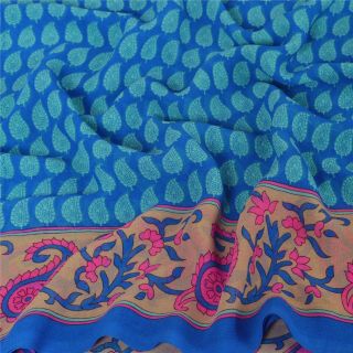 Sanskriti Vintage Blue Saree Printed Blend Georgette Sari Craft Decor Fabric 5