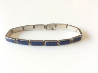Vintage Sterling Silver 925 Lapis Lazuli Inlay Panel Link Bracelet