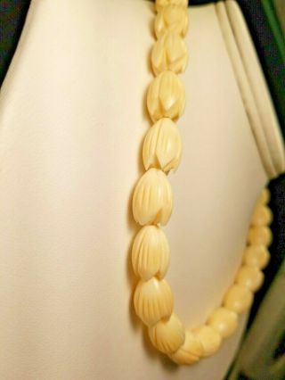 Vintage Carved Bovine Cow Bone Hawaiian Pikake Tulip Flower Head Beads Necklace