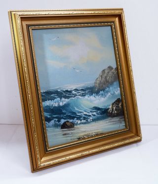 Vintage Signed Oil On Canvas Seascape Painting In Frame.