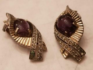 Vintage Signed Jomaz Rhinestone And Purple Stoned Earrings
