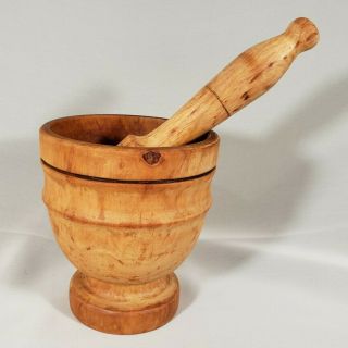 Vintage Wood Mortar And Pestle Footed Lathe Turned Pill Crusher Herb Grinder