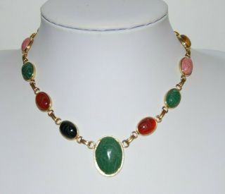 Vintage Gold Toned Metal & Multicolor Cabochon Scarabs Egyptian Style Necklace