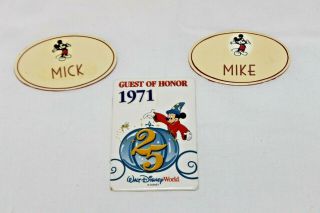(2) Vintage Walt Disney World Wdw Cast Member Name Tags Mick Mike,  25th Tag Exc