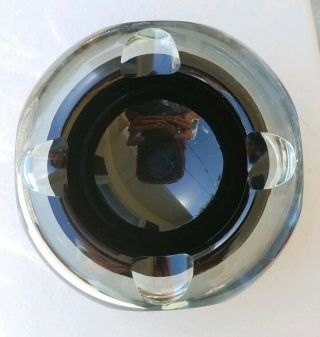 Vintage Murano Faceted Cut Art Glass Ashtray Mid Century Modern Clear And Black
