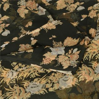 Sanskriti Vintage Black Saree Georgette Printed Sari Craft 5 Yard Decor Fabric