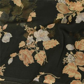 Sanskriti Vintage Black Saree Georgette Printed Sari Craft 5 Yard Decor Fabric 5