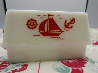 Vintage Red Ships On White Opal Pattern Butter Dish - Covered