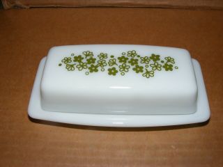 Vintage Pyrex Covered Butter Dish Green Flowers Spring Blossom Crazy Daisy White