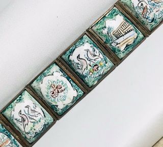 Vintage Chinese Silver Porcelain Glass Scenery Panel Bracelet : Scenes : Signed