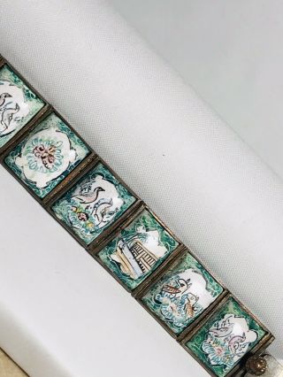 Vintage Chinese Silver Porcelain Glass Scenery Panel Bracelet : Scenes : Signed 2