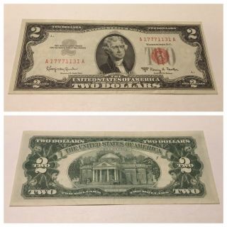 Vintage 1963 - A $2 Dollar Bill United States Note Jefferson Legal Tender Red Vnc