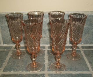 6 Arcoroc France Fluted Champagne Glasses.  Rosaline Pink Swirl.  Vintage (80 