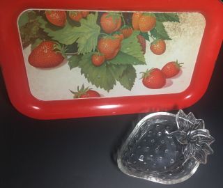 Vintage Red Strawberry Tin Metal Serving Dinner Tray With Glass Strawberry Dish