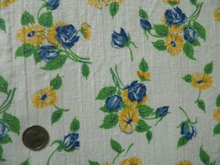 Vtg 40s Feedsack Blue Rose Yellow Daisy Cotton Quilt Dress Fabric 36 " X 43 "