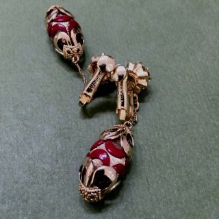Vintage 1960s Vendome Gold Tone Burgundy Red AB Bead Dangle Clip On Earrings 5