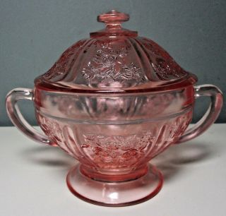 Vintage Federal Glass Sharon/cabbage Rose Pink Footed Sugar Bowl With Lid