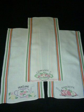 3 Vtg Hand Embroidered Linen Kitchen Dish Towels 