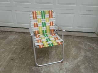 Vintage All Aluminum Folding Webbed Lawn Chair Green Yellow Orange White
