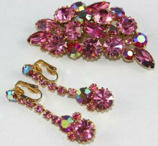 Gorgeous Vtg Gold Tone Floral Aurora Borealis Pink/fuchsia Pin & Clip Earrings