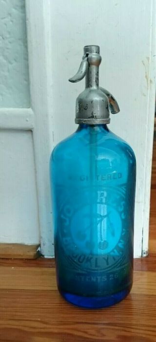 Vintage Blue Seltzer Syphon Bottle Joe Press Brooklyn N.  Y.  Etched 26oz Czech