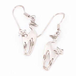 Vtg Sterling Silver - Solid Kitty Cat Dangle Earrings - 2g