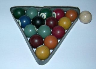 Vintage Minature Baklite Pool Balls W/ Metal Rack Approx 5/8 " In Diameter