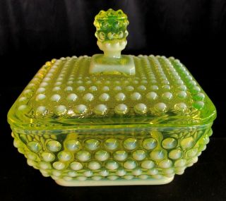 Vtg Imperial Glass Vaseline Opalescent Hobnail Square Candy Dish Exc