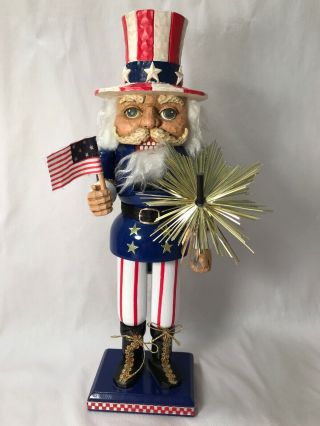 Vintage Brn Uncle Sam Patriotic Nutcracker W/flag & Sparkler 12.  5”h 4th Of July