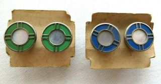 Vtg Art Deco Snap Cufflinks 2 Pairs Enamel Green Blue Mother Of Pearl Centers