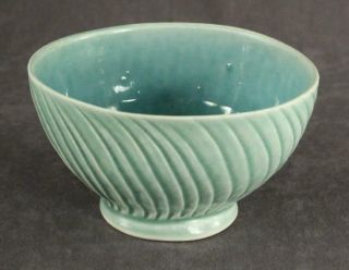 Vintage Art Pottery Aqua Teal Crackle Glaze Ovoid Ribbed Swirl Open Candy Bowl